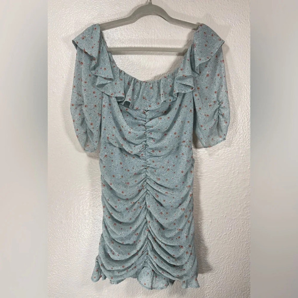 ASTR The Label Dress Short Sleeve Ruffle Neck Ruched Teal Multi Ditsy Women’s M - Picture 12 of 14